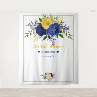 Navy Yellowish Gold Floral Bridal Shower Backdrop Tapestry