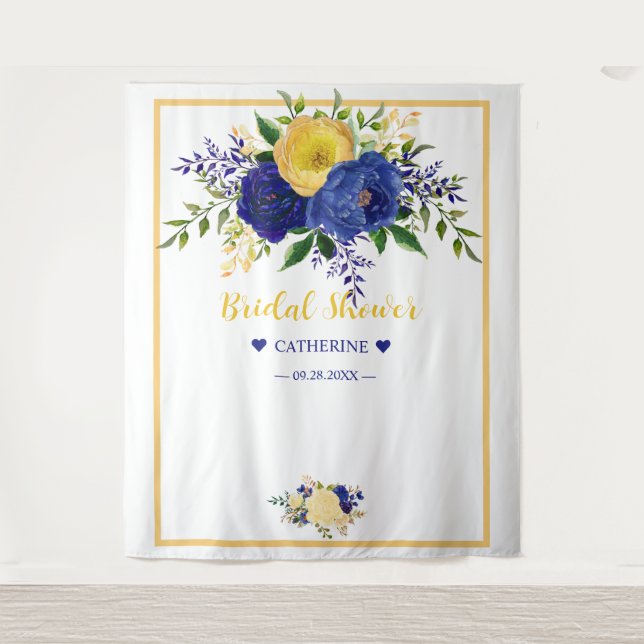 Navy Yellowish Gold Floral Bridal Shower Backdrop Tapestry (Front)