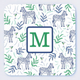 Navy Zebra Martini Monogram Preppy Coaster