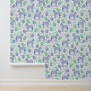 Navy Zebras with Green and Blue Greenery / Safari Wallpaper