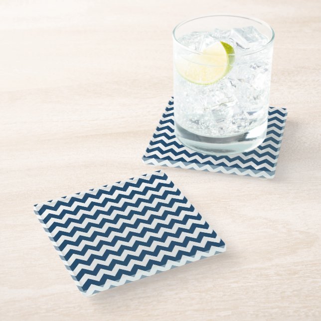 Navy Zigzag, Navy Chevron, Geometric Pattern Glass Coaster (Angled)
