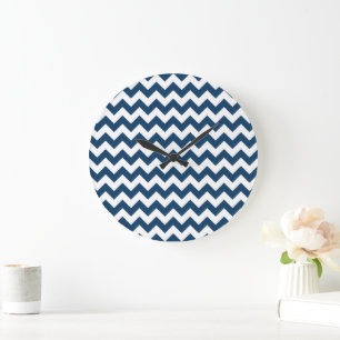 Navy Zigzag, Navy Chevron, Geometric Pattern Large Clock