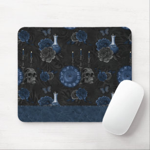 Navy Zodiac Magic   Dark Blue Gothic Skull Roses Mouse Mat