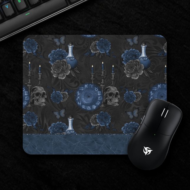 Navy Zodiac Magic | Dark Blue Gothic Skull Roses Mouse Mat (Creator Uploaded)