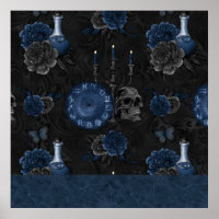 Navy Zodiac Magic | Dark Blue Gothic Skull Roses