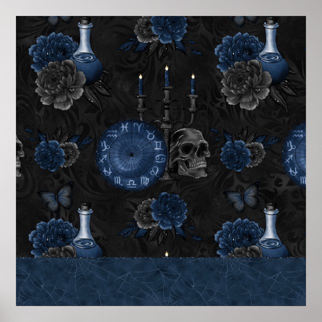 Navy Zodiac Magic | Dark Blue Gothic Skull Roses Poster (Front)