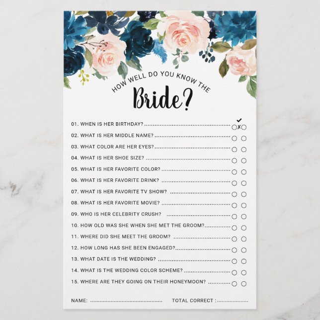 NavyBlue Blush Bridal Shower Game (Front)