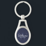 Navyh Personalised Script Groomsmen Name&Monogram Key Ring<br><div class="desc">Add a personal touch to your wedding with personalised groomsmen keychain. This keychain features personalised groomsman's name in white classic script font style with wedding details in white classic serif font style and monogram in light navy blue classic serif font style as background, on navy blue background. Also perfect for...</div>