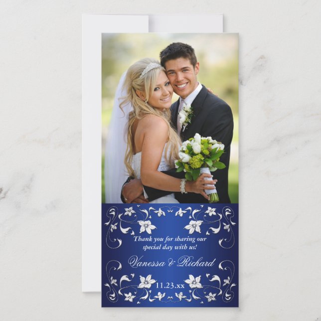 Navyl Blue, Silver Floral Wedding Photo Card (Front)