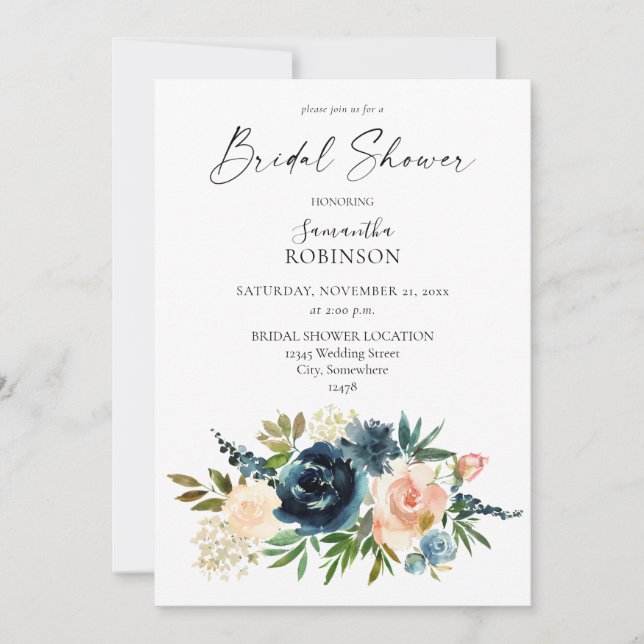 Nayv, Dusty Blue & Blush Pink Floral Bridal Shower Invitation (Front)