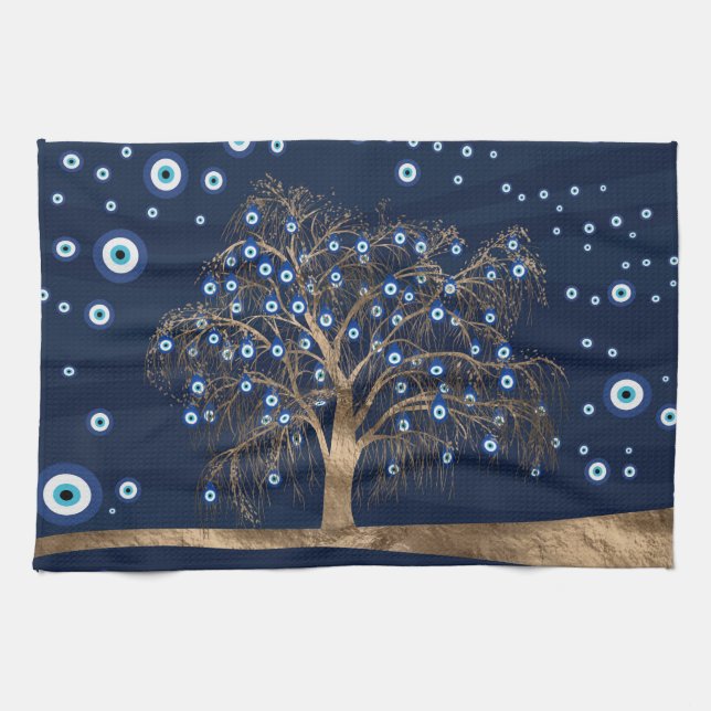 Nazar Charm Tree - Gold on Dark Blue Tea Towel (Horizontal)