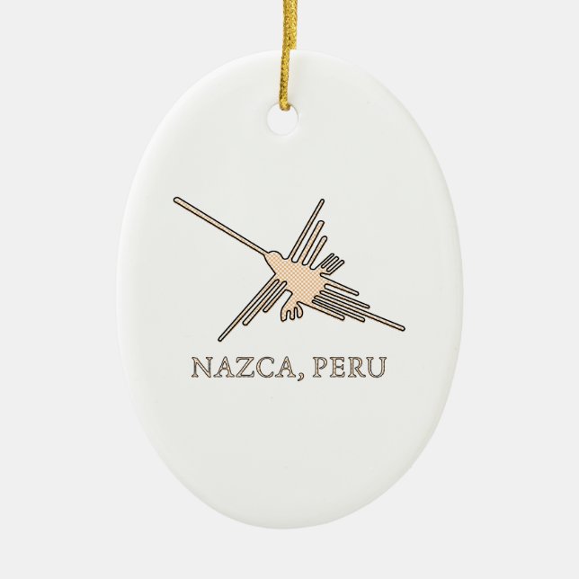 Nazca Hummingbird Geoglyph Newsprint Ceramic Tree Decoration (Front)