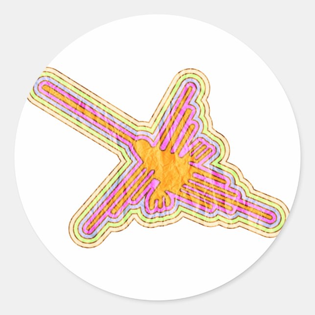 Nazca Lines Hummingbird With Wrinkled Paper Effect Classic Round Sticker (Front)