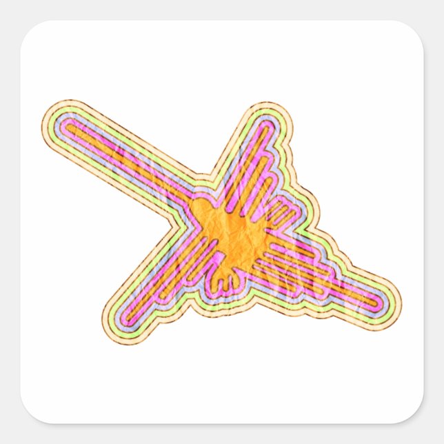 Nazca Lines Hummingbird With Wrinkled Paper Effect Square Sticker (Front)