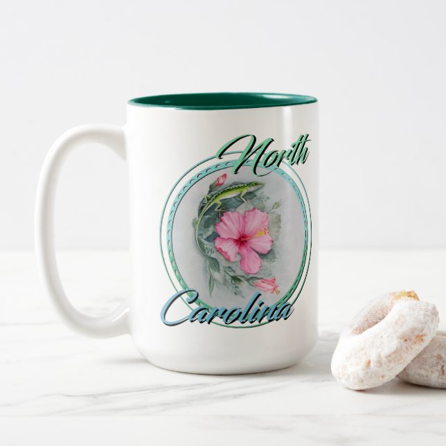 NC Anole & Hibiscus Two-Tone Coffee Mug (With Donut)