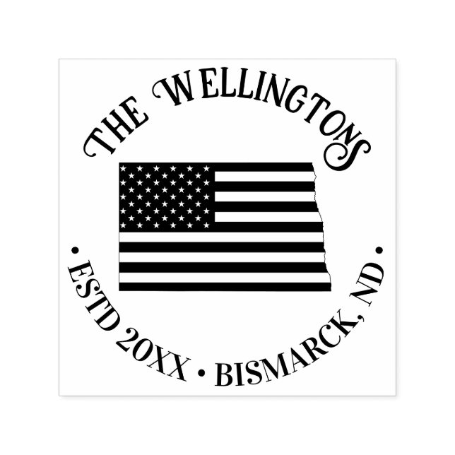 ND State Map Stars Stripes Family Name Date Loc Self-inking Stamp (Design)