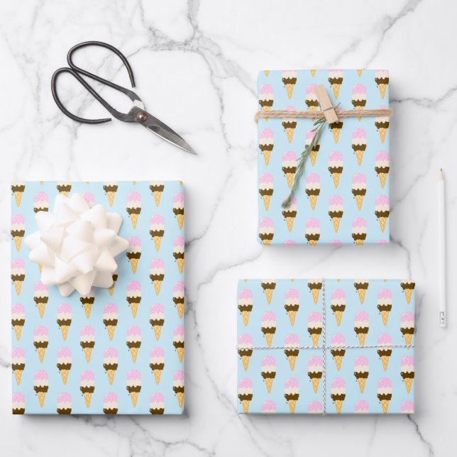 Neapolitan Ice Cream Cone Pattern Wrapping Paper Sheet (Front)