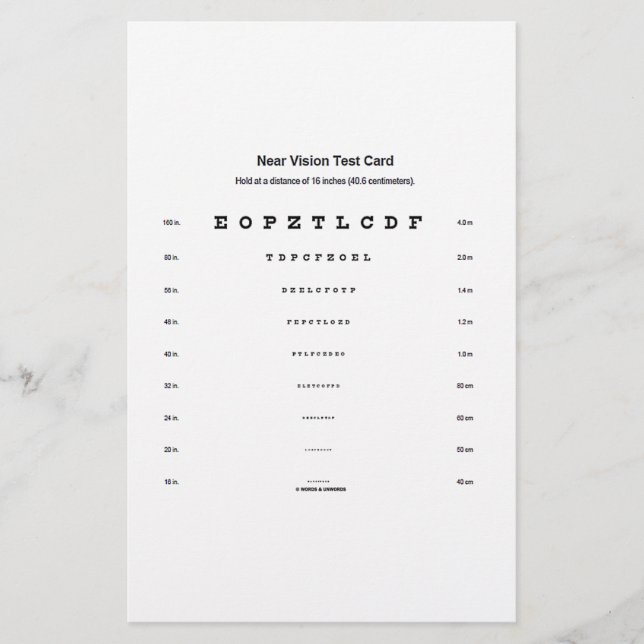 Near Vision Test Card Visual Acuity Exam (Front)