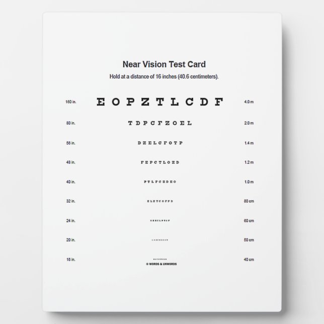 Near Vision Test Card Visual Acuity Exam Plaque (Front)