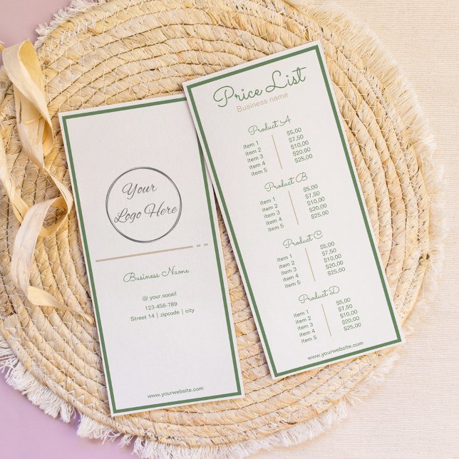 Neatral sage green beige with logo price list rack card (Creator Uploaded)