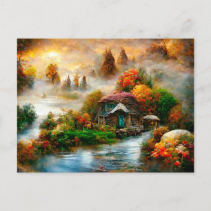 Nebel am Herbstmorgen. Fantasy Cottage. Postcard