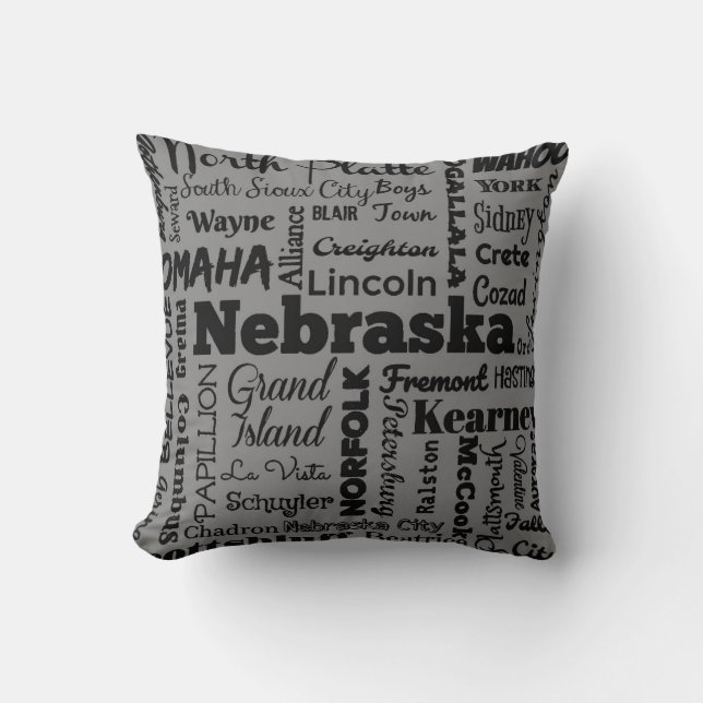 Nebraska cities typography pillow in grey (II) (Front)