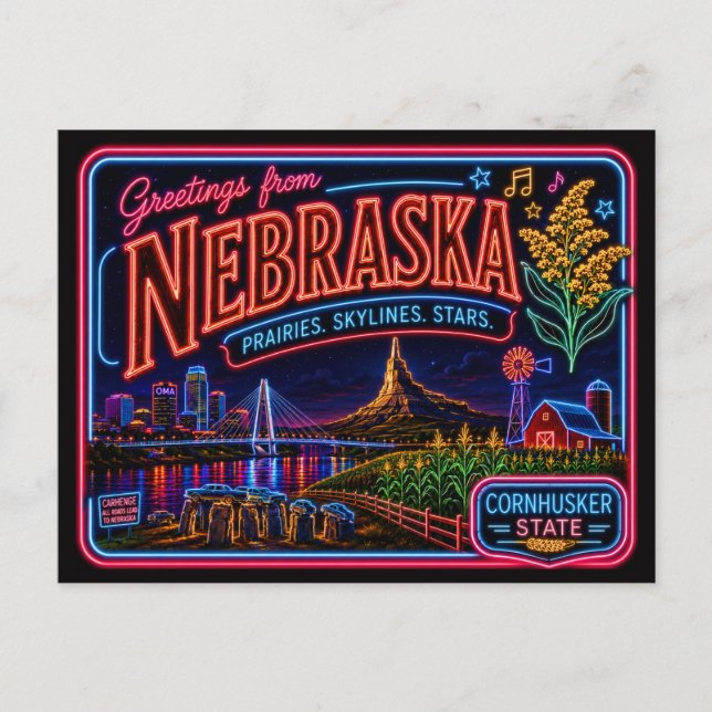 Nebraska Neon State Retro Vintage Postcard (Front)