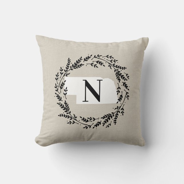 Nebraska Rustic Wreath Monogram Throw Pillow (Front)