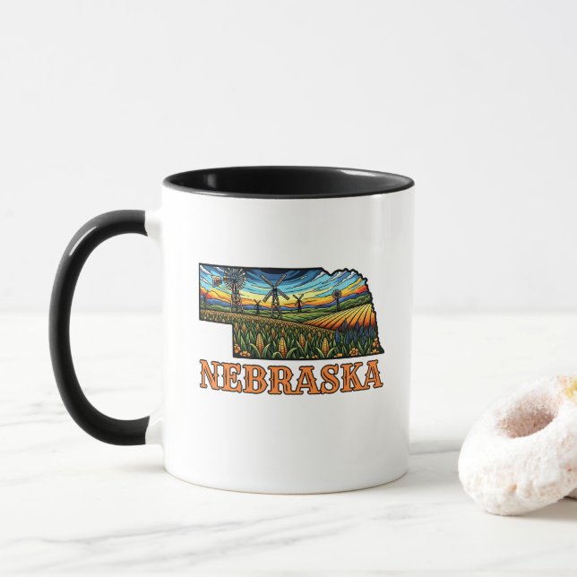 Nebraska Tattoo Style Outline with Cornfields  Mug (With Donut)