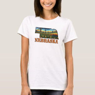 Nebraska Tattoo Style Outline with Cornfields T-Shirt