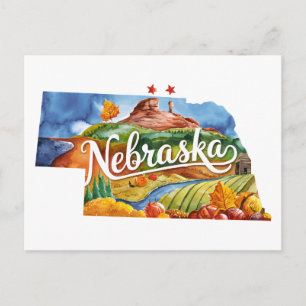 Nebraska USA State Shaped Vintage Watercolor Postcard