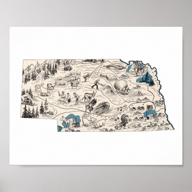 Nebraska Vintage Picture Map Poster (Front)