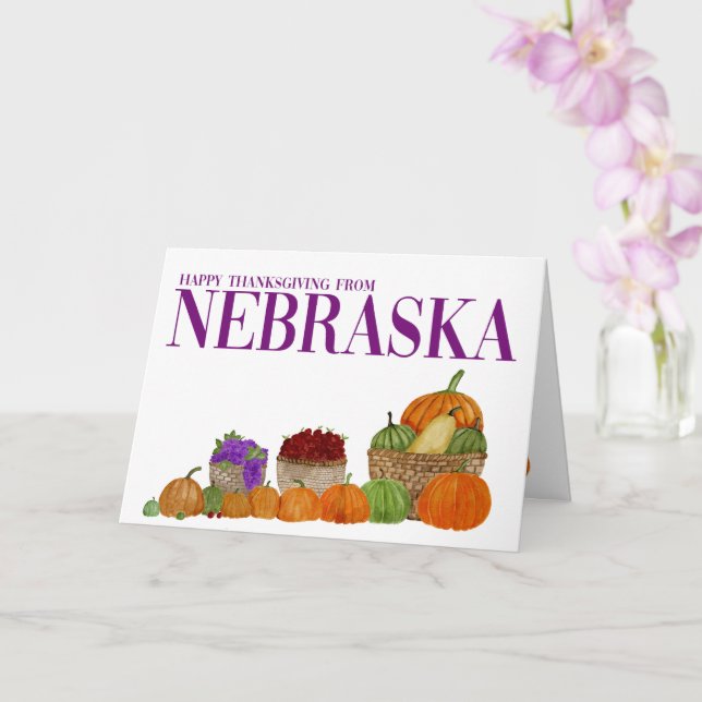 Nebraska Watercolor Pumpkins Thanksgiving Card (Orchid)
