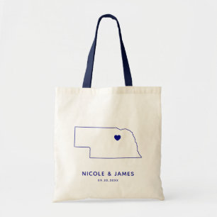 Nebraska Wedding Welcome Bag Map Tote, Navy Blue
