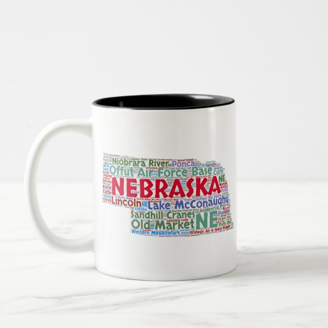 Nebraska Word Cloud Two-Tone Coffee Mug (Left)