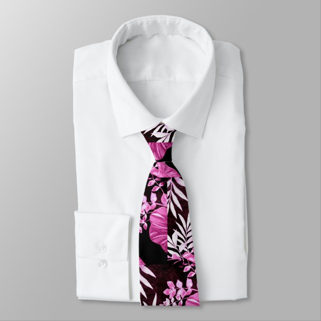 Neck Tie - Abstract Tropical Leaves Pink Wine (Tied)