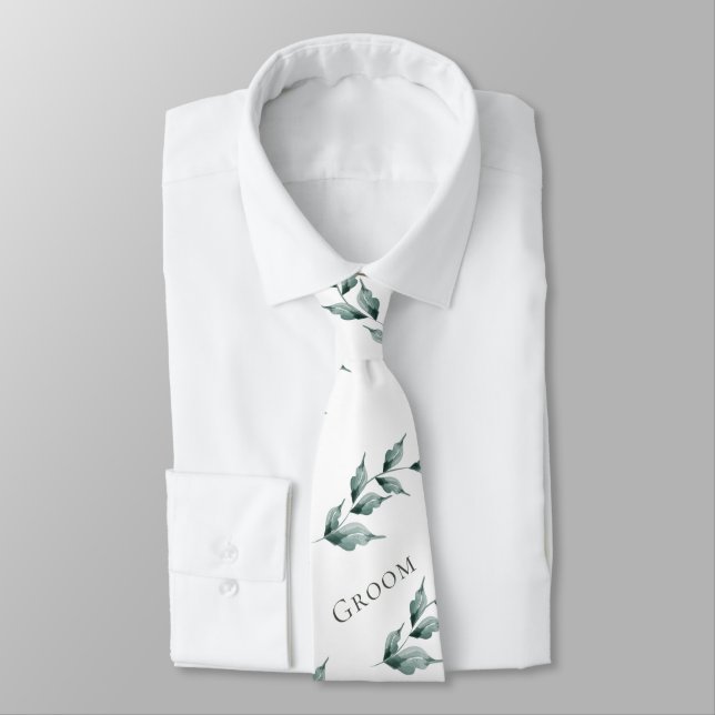 Neck Tie Groom | Greyed Jade Green Botanical (Tied)