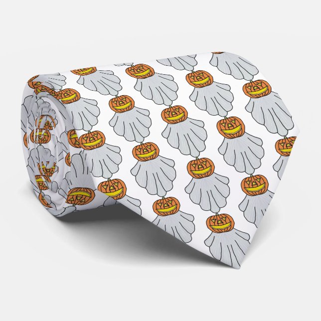 Neck Tie (white) - Pumpkin Ghost (Rolled)