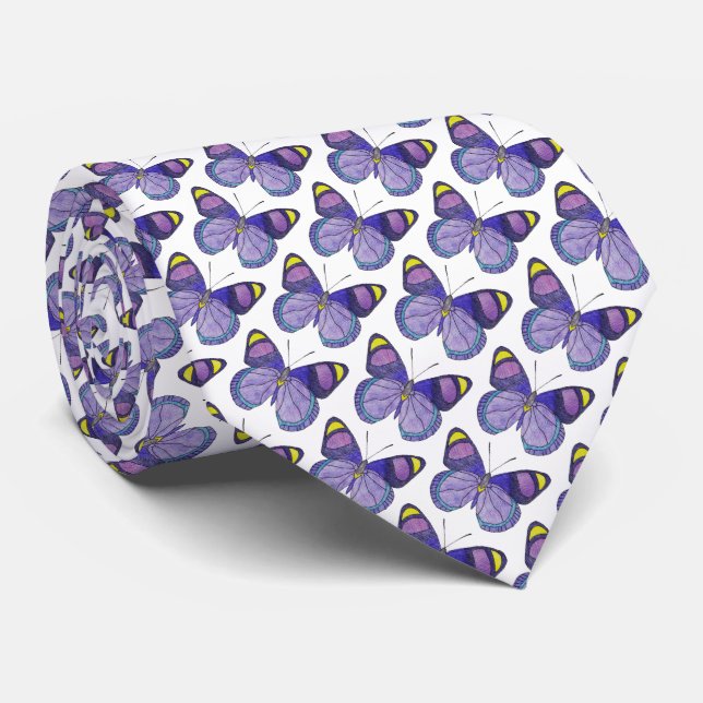 Neck Tie (white) - Purple Butterfly (Rolled)
