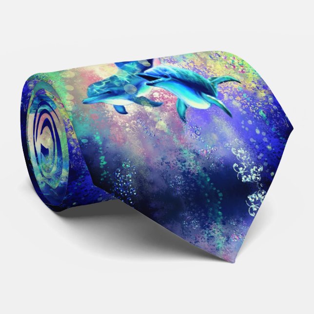 Neck Tie with Happy Dolphin Couple  (Rolled)