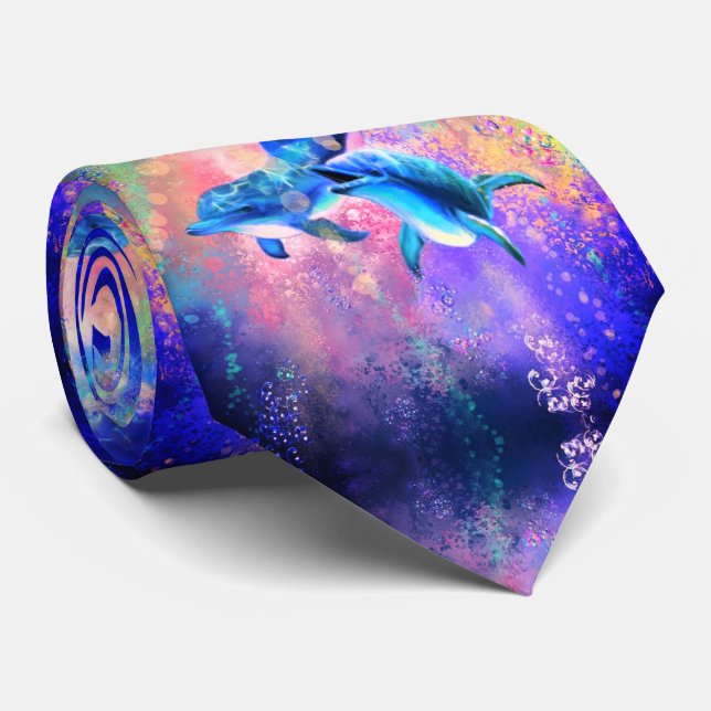 Neck Tie with Happy Dolphin Couple - Painting (Rolled)