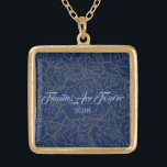 Necklace Blue & Golden Rose-Familes Are Forever<br><div class="desc">Necklace shown in Gold tone with a Golden multi-rose print over Deep Blue background and text of "Families Are Forever 2018" in fancy script of Light Blue. Customise this necklace with a special date or/and choose your style or change colours. Or buy as designed. Available in Sterling Silver and Silver...</div>
