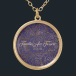 Necklace Purple & Golden Rose-Familes Are Forever<br><div class="desc">Necklace shown in Gold tone with a Golden Taupe multi-rose print over a Violet Purple background and text of "Families Are Forever 2018" in fancy script of Taupe. Customise this necklace with a special date or/and choose your style or change colours. Or buy as designed.</div>