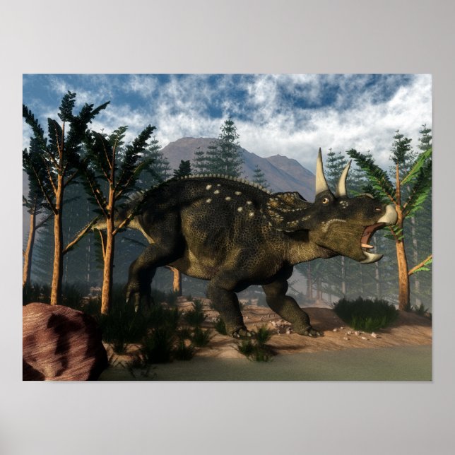 Nedoceratops roaring while running - 3D render Poster (Front)