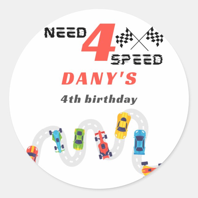 Need 4 Speed Motor Car Racing Boy Fourth Birthday Classic Round Sticker (Front)