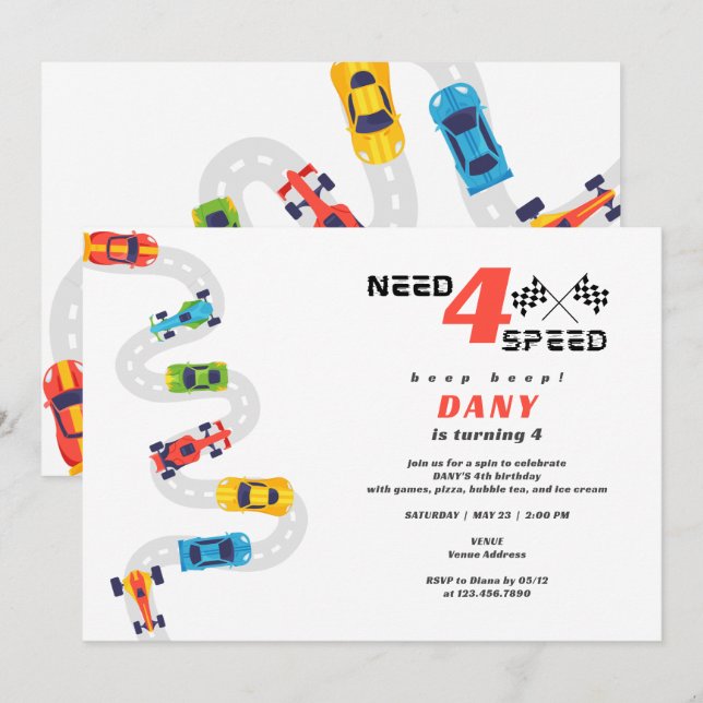 Need 4 Speed Motor Car Racing Boy Fourth Birthday Invitation (Front/Back)