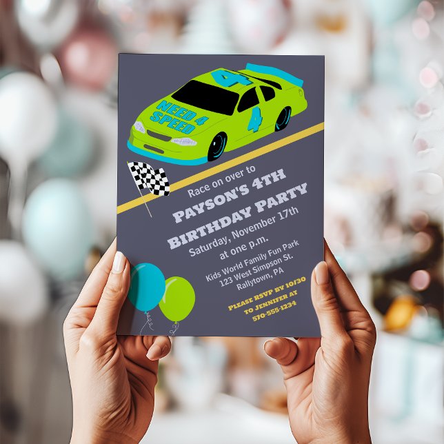 Need 4 Speed Race Car Boys 4th Birthday Party Invitation (Creator Uploaded)