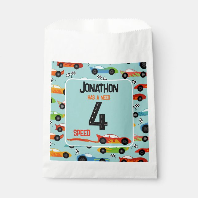 Need 4 speed racecar fourth birthday party favour bags (Front)