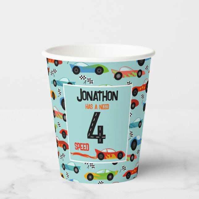 Need 4 speed racecar fourth birthday party paper cups (Front)
