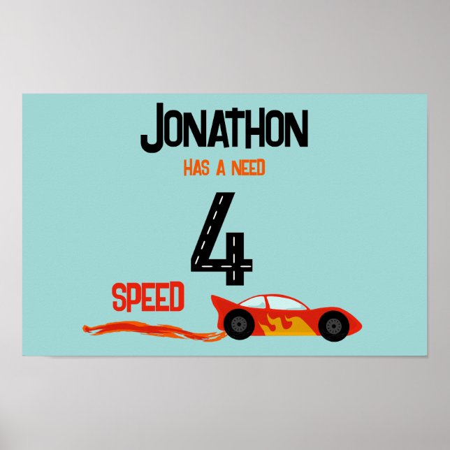 Need 4 speed racecar fourth birthday party poster (Front)